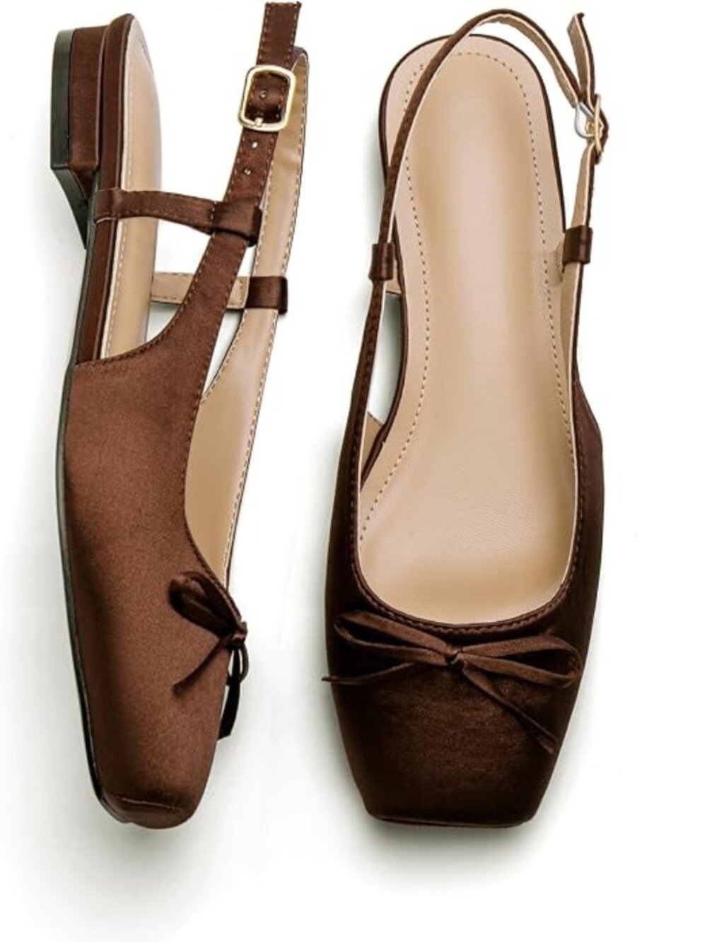Square Toe Dressy Slingback Ballet Flats Chocolate Brown Satin 5